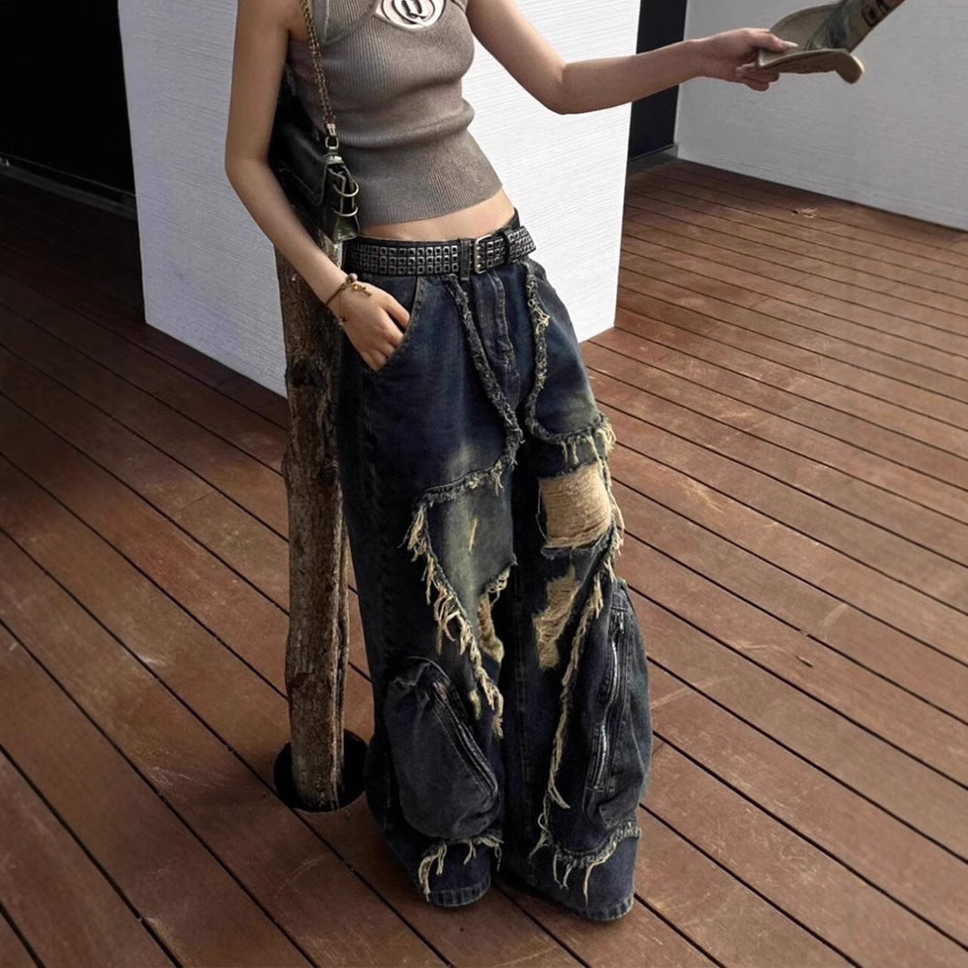Distressed Wide-Leg Vintage Denim Jeans with Big Pockets