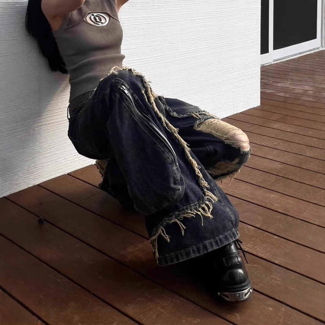 Distressed Wide-Leg Vintage Denim Jeans with Big Pockets