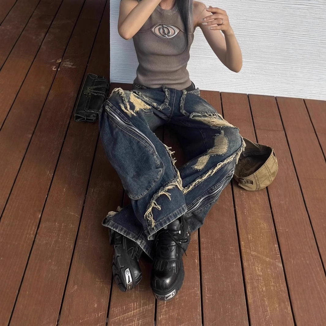 Distressed Wide-Leg Vintage Denim Jeans with Big Pockets