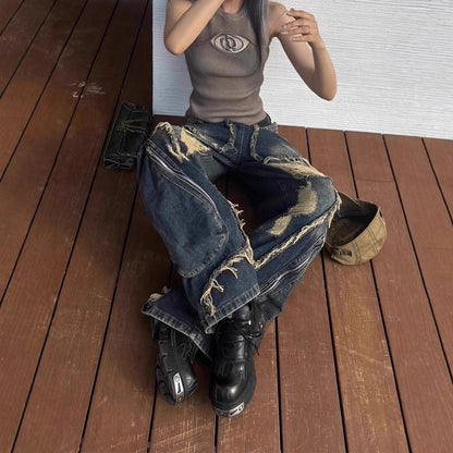 Distressed Wide-Leg Vintage Denim Jeans with Big Pockets