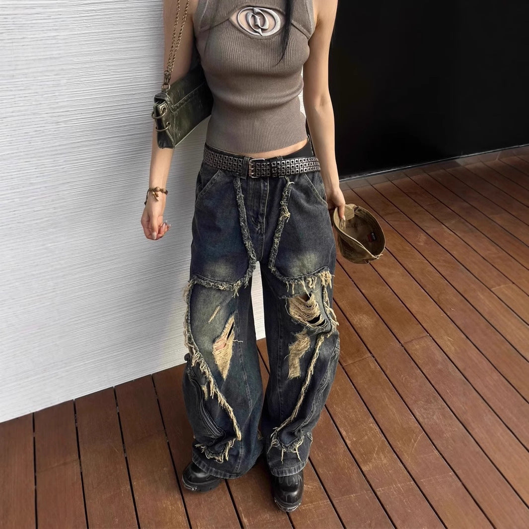 Distressed Wide-Leg Vintage Denim Jeans with Big Pockets